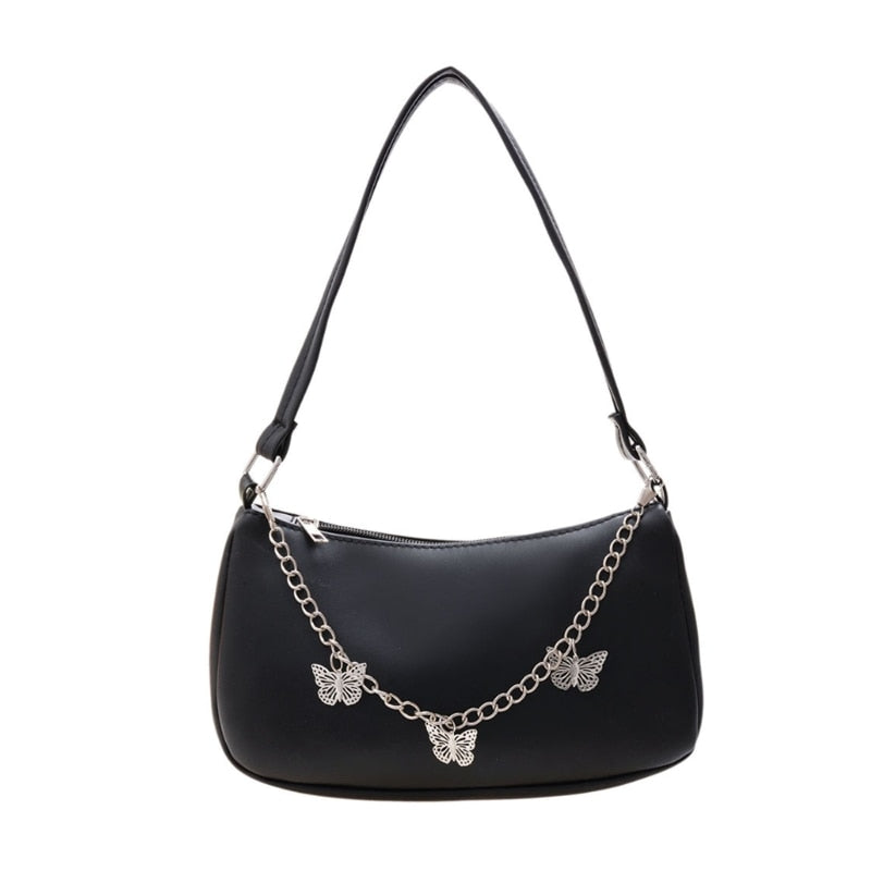 Women's Underarm Bag Solid Shoulder Bag with Butterfly Chain Design All-matching Handbags Purse Fashion Leather Hobo Bag