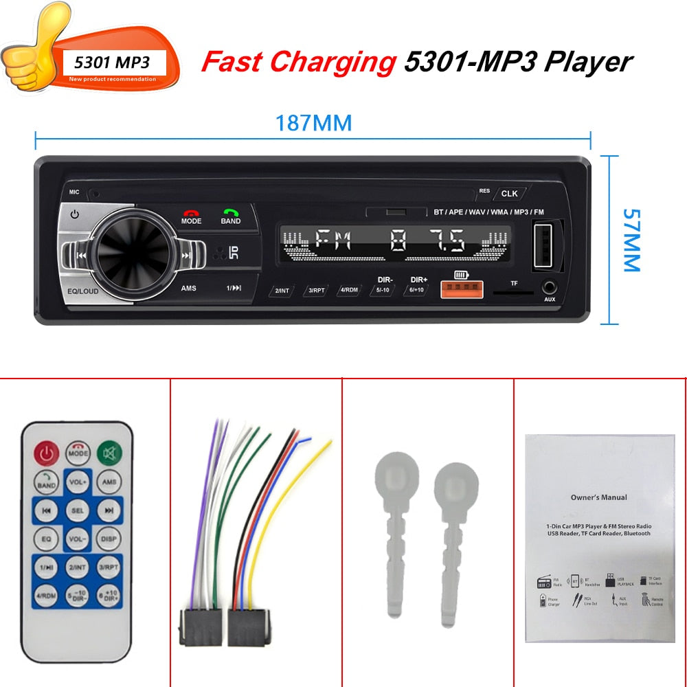 Podofo JSD-520 1 Din Car Radio Tape Recorder 5301 Bluetooth MP3 Player FM Audio Stereo Receiver Music USB/SD In Dash AUX Input