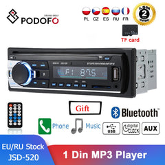 Podofo JSD-520 Car Radio In Dash 1 Din Tape Recorder MP3 Player FM Audio Stereo USB/SD AUX Input ISO Port Bluetooth Autoradio