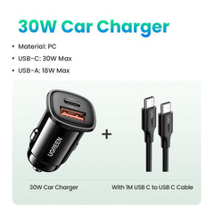 【NEW-IN】UGREEN USB Car Charger 30W Quick Charge 4.0 QC4.0 QC3.0 PD Type C Fast Car USB Charger For iPhone 14 Xiaomi Mobile Phone