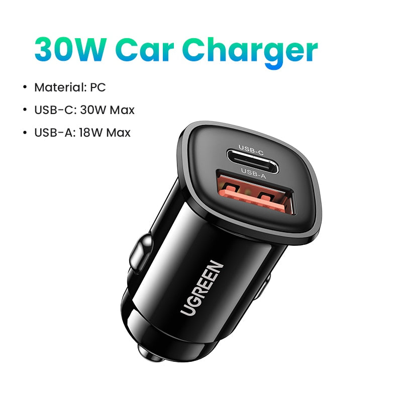 【NEW-IN】UGREEN USB Car Charger 30W Quick Charge 4.0 QC4.0 QC3.0 PD Type C Fast Car USB Charger For iPhone 14 Xiaomi Mobile Phone