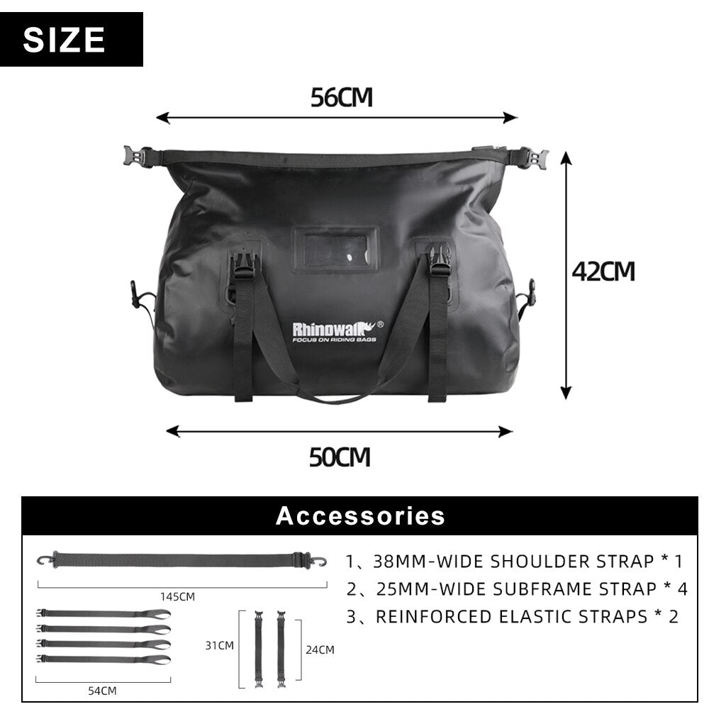 Rhinowalk Motorcycle Bag 45L Waterproof PVC Tail Saddle Bag Durable Dry Luggage Outdoor Bag Motorbike Rear Seat Bag Accessory