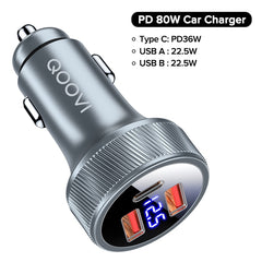 QOOVI 80W Car Charger PD USB Type C Dual Port USB Phone Charger Fast Charging For iPhone 13 Xiaomi Samsung iPad Laptops Tablets