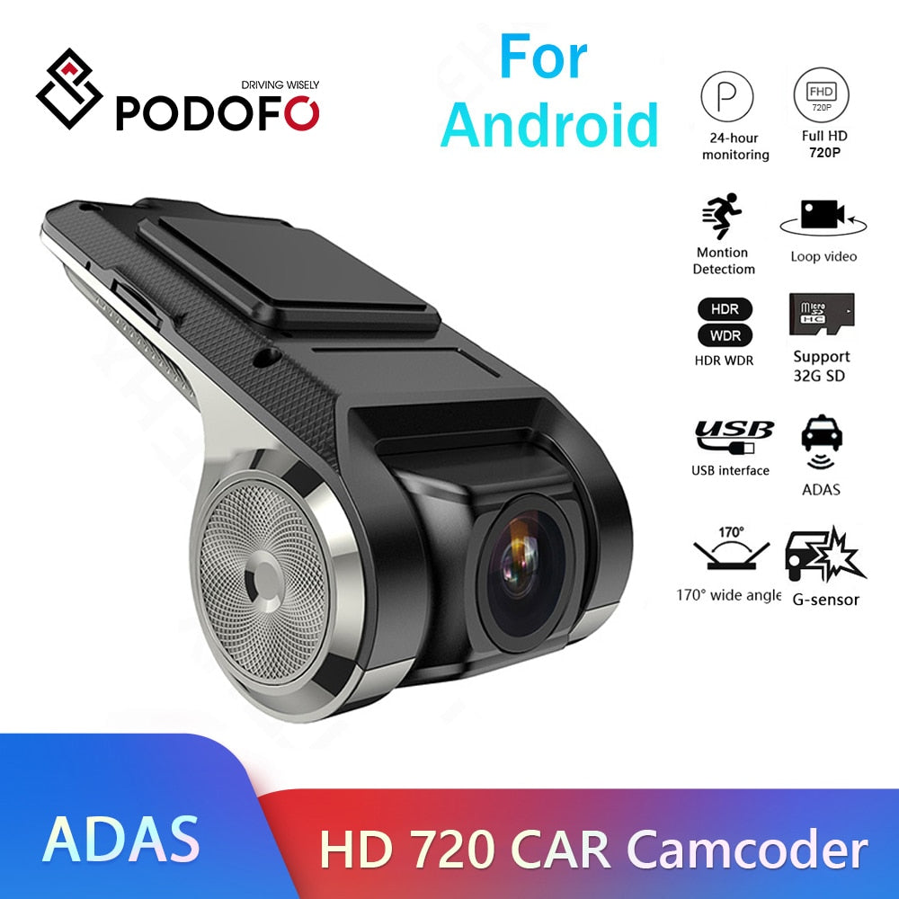 Podofo Dash Cam ADAS Car DVR ADAS Dashcam DVRs Video HD 720P USB TF Card 16G/32G Auto Recorder for Android Multimedia Player DVD