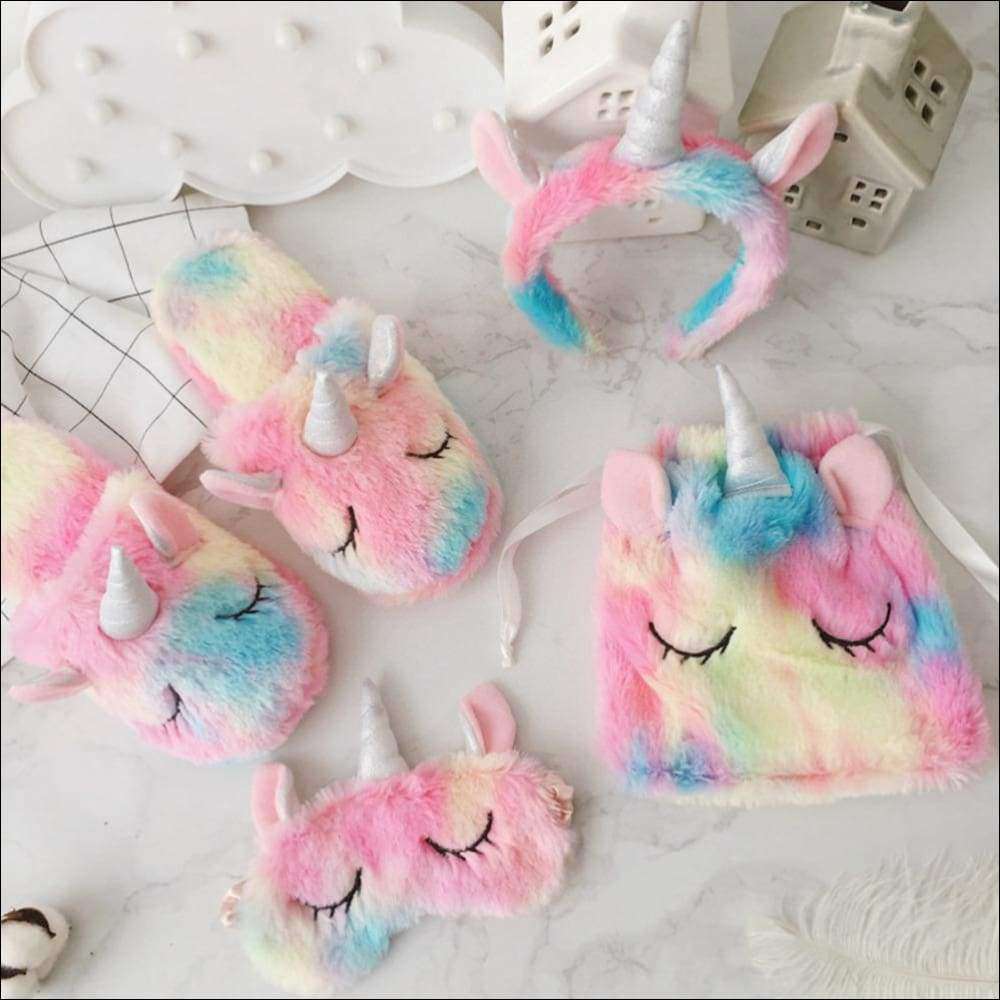 Rainbow Unicorn Slippers,Cozy Blinders,Fluffy Drawstring Bags,Plush Head Bands | Heccei